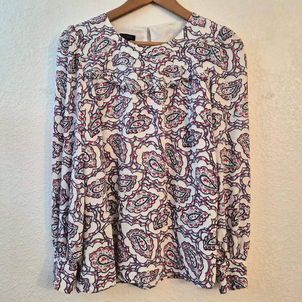 Talbots Red White & Blue Paisley Boho Flowy Long-sleeve Lined Blouse: July 4th